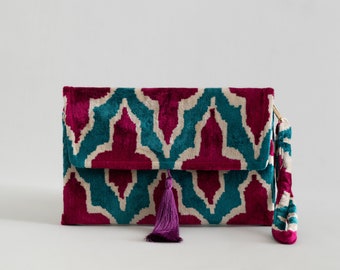 Silk Ikat Clutch Bag, Evening Bag, Mini Bag, Silk Velvet Handbag, Women Clutch Bag