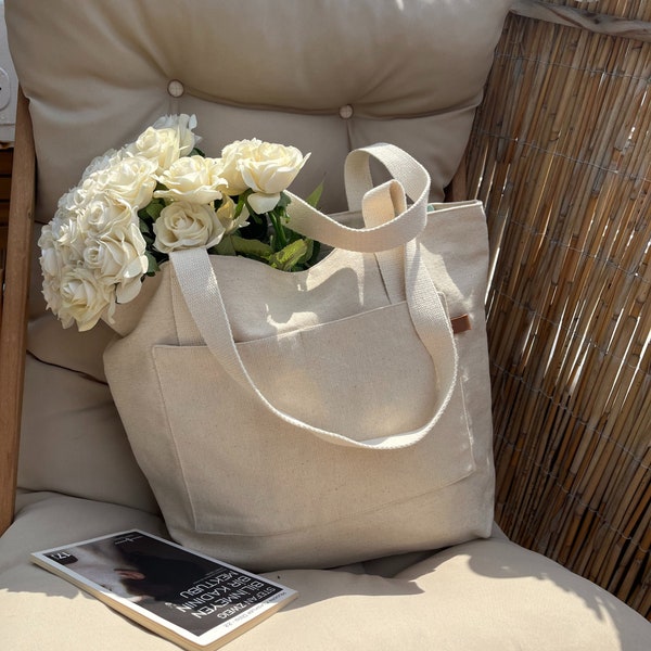 Linen,Canvas Tote Bag Pockets, Aesthetic Bag for Everyday Essentials,Beach Bag.