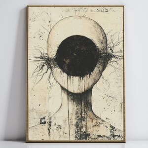 Puede incluir: Una pintura abstracta en blanco y negro de una cara con un gran círculo negro que cubre los ojos. La cara está rodeada de una serie de finas líneas negras que irradian hacia afuera.