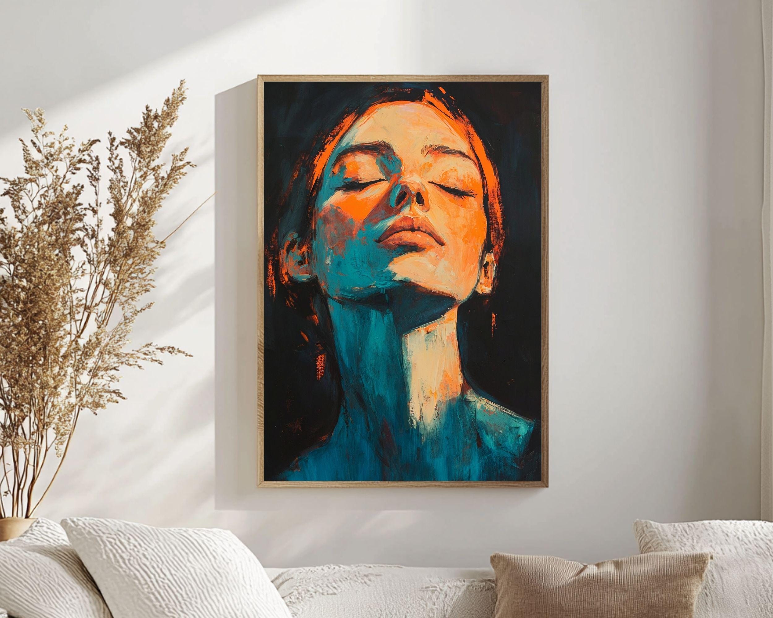 Teal and Orange Woman Portrait Art: Expressive Moody Painting