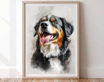 Bernese Mountain Dog Digital Art Print | Watercolor Style Portrait | Instant Download