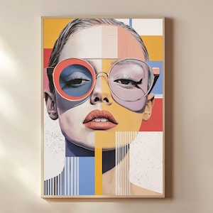 Modern Geometric Portrait Print, Retro Sunglasses Woman Art, Pop Art Digital Download, Mid-Century Abstract Face, Fashion Wall Decor