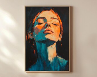 Teal and Orange Woman Portrait Art: Expressive Moody Painting (Digital Download)