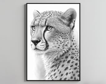 May include: Black and white framed print of a cheetah's head and upper body. The cheetah is depicted in a realistic style, with detailed fur and spots. The artwork is set against a white background, enhancing the contrast and focus on the animal.