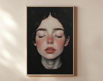 Portrait éthéré de femme aux taches de rousseur, art esthétique sombre (téléchargement numérique)