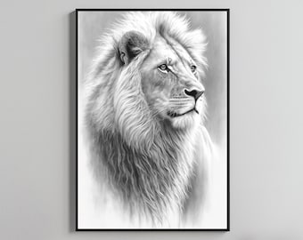 May include: Black and white framed print of a lion's head. The lion is depicted in a detailed, realistic style, with a focus on its mane and facial features. The artwork is a portrait, showcasing the lion's profile.