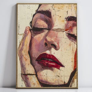 May include: A painting of a woman's face with closed eyes and red lips. The painting is done in a textured style with a cracked and layered effect.