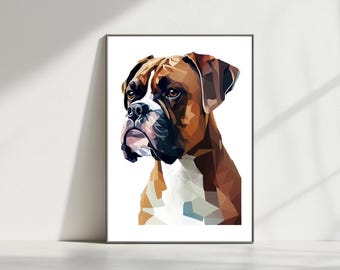 May include: A geometric illustration of a brown and white boxer dog with a white background. The dog's face is the main focus of the image.