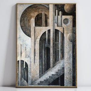 以下が含まれることがあります： アーチと柱のある灰色と白の構造の抽象画。絵画はテクスチャのある表面と暗い背景を持っています。