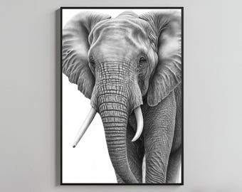 May include: Black and white framed art print of an elephant. The elephant is depicted in a detailed, realistic style, with visible tusks and textured skin. The artwork is set against a white background, enhancing the contrast.