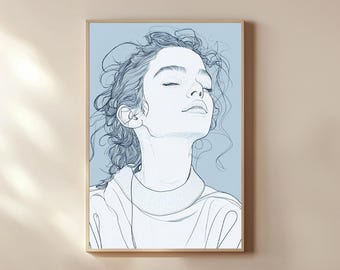 Stampa ritratto Blue Line Art: schizzo del viso minimalista (download digitale)