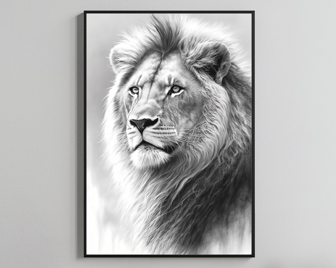 Lion Portrait Digital Print | Black and White Lion Drawing | Majestic ...