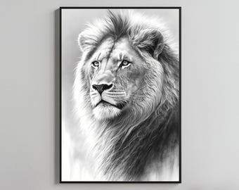 Puede incluir: Impresión en blanco y negro enmarcada de la cabeza de un león. El león está representado con un estilo detallado y realista, con énfasis en su melena y rasgos faciales. La obra de arte está enmarcada en un borde negro.