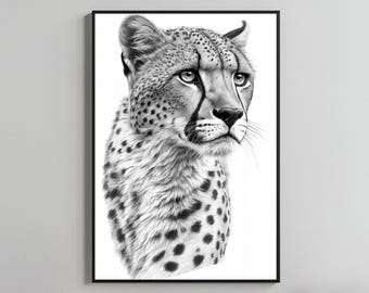 May include: Black and white framed art print of a cheetah. The cheetah is depicted in a detailed pencil drawing style, showcasing its spotted coat and focused gaze. The artwork is set against a white background.