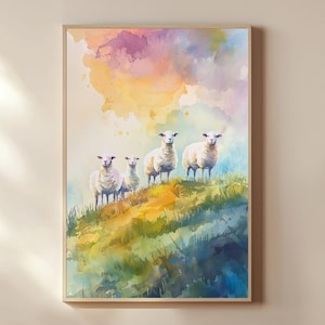 Four Sheep Pastel Watercolor Print, Rainbow Meadow Landscape Wall Art, Whimsical Pastoral Digital Print