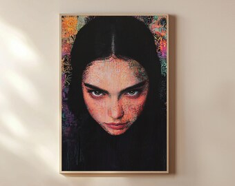 Ethereal Woman Portrait Print: Vibrant Boho Floral Wall Art (Digital Download)