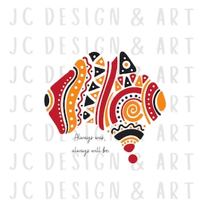 Puede incluir: Un diseño abstracto colorido en rojo, naranja, negro y blanco. El diseño recuerda a un pez o un mapa estilizado. El texto "Always was, always will be." está escrito debajo del diseño.