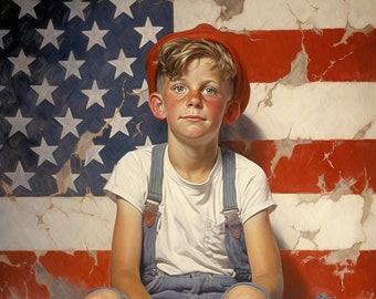 Americana Portrait: Young Boy in front of the American Flag inspired by Norman Rockwell | Digital Wall Art | Download Print | Custom Canvas
