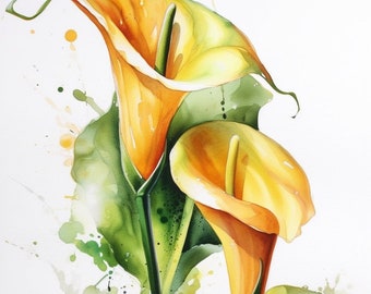 Watercolor Yellow Cala Lily Flowers | Original Watercolor Botanical Prints of Cala Lilies | Digital Print | Download