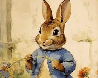 Classic Beatrix Potter Inspired Bunny Illustration | Nursery Wall Art | Classic Story Watercolor | Baby’s Room Illustration | Cottontail