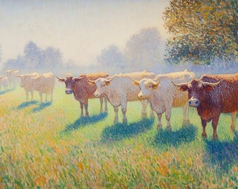 Pastoral Cows Farmhouse Canvas Print Vintage Impressionist Style Landscapes Home Decor Art
