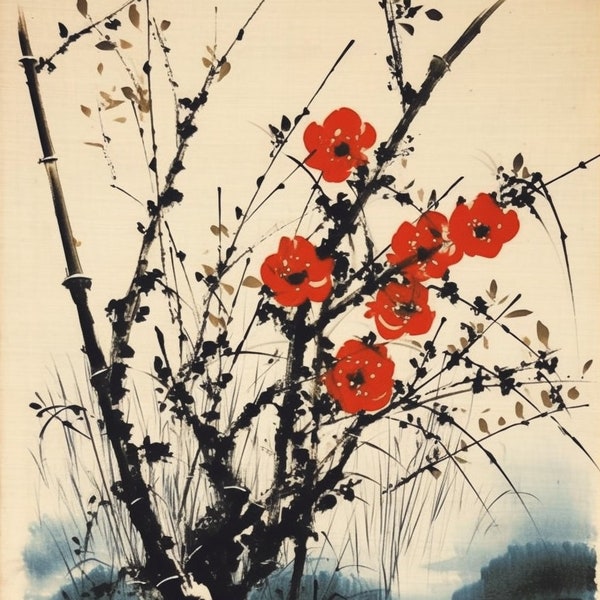 Qi Baishi a inspiré le bambou et les fleurs rouges - Un design traditionnel | Fleurs | Télécharger numérique | Encre noire | Art oriental | Oeuvre asiatique