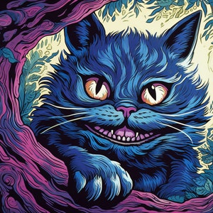 Linogravura excêntrica do gato Cheshire azul e roxo: uma homenagem artística a Louis Wain