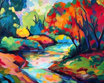 Winding River with Abstract Splashes - Fauvism Canvas Digital Print with Brilliant Colors | Download | Digital Print | CCC