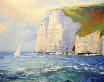Claude Monet Style Custom Canvas Print: Captivating Cliffs of Dover and Sailboat Impressionist Wall Art for Home Decor