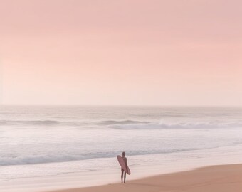 Serene Solitude A Cinematic Shot of a Distant Surfer on an Empty Pink Beach  | Photography Print | Wall Art Picture | Custom Canvas Curators