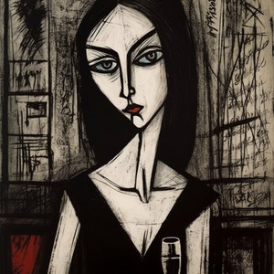 Può includere: Un disegno in bianco e nero di una donna con lunghi capelli neri, che indossa un abito nero e tiene un bicchiere di vino. Lo sfondo è una superficie grigia testurizzata con linee e scarabocchi neri.