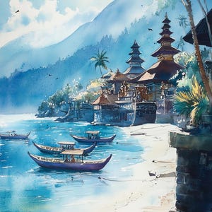 May include: A watercolour painting depicting a temple on a beach with boats in the water. The temple is a multi-tiered structure with a dark brown roof and white walls. The beach is white sand and the water is a light blue.