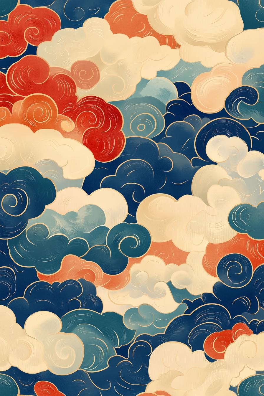 Custom Canvas Print of Whimsical Colorful Clouds Inspired by Japanese Ukiyo-e Art for Modern Home Decor