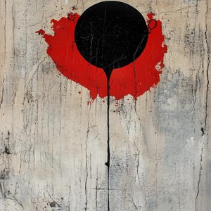 May include: Abstract painting with a black circle and red splatter on a textured white background. The black circle has a black line extending downwards.