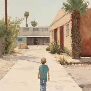 May include: A young person walks down a concrete path between two buildings. The path is lined with palm trees and shrubs. The buildings are painted in shades of beige and brown.