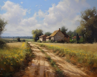 May include: A dirt track winds through a field of yellow wildflowers towards a small stone cottage with a red tiled roof. The cottage is surrounded by trees and the sky is blue with white clouds.