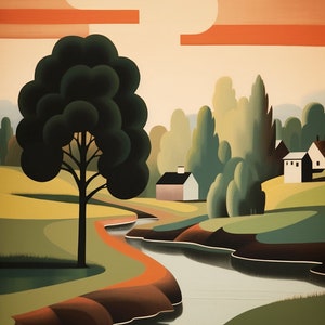 Custom Canvas Digital Art Inspired by George Ault - Landscape with Stream and Houses | Muted Tones | Modern Artwork