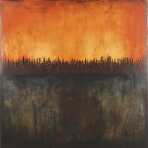 May include: Abstract painting with a dark orange and brown color scheme. The top half of the painting is a solid orange color, while the bottom half is a dark brown with a textured surface. A thin line of dark trees separates the two sections.