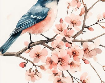 Rotkehlchen und Kirschblüten Aquarell Leinwanddruck: Floral Home Decor