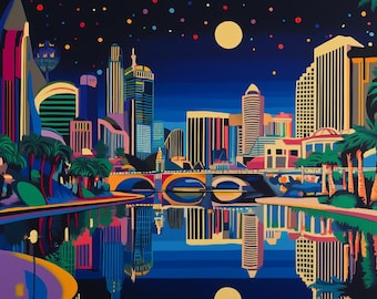 Bunter Leinwand Stadtbild-Kunst, Inspiriert von Peter Max - Kunst des hellen Nachthimmels für das Wohndekor, moderne Leinwand