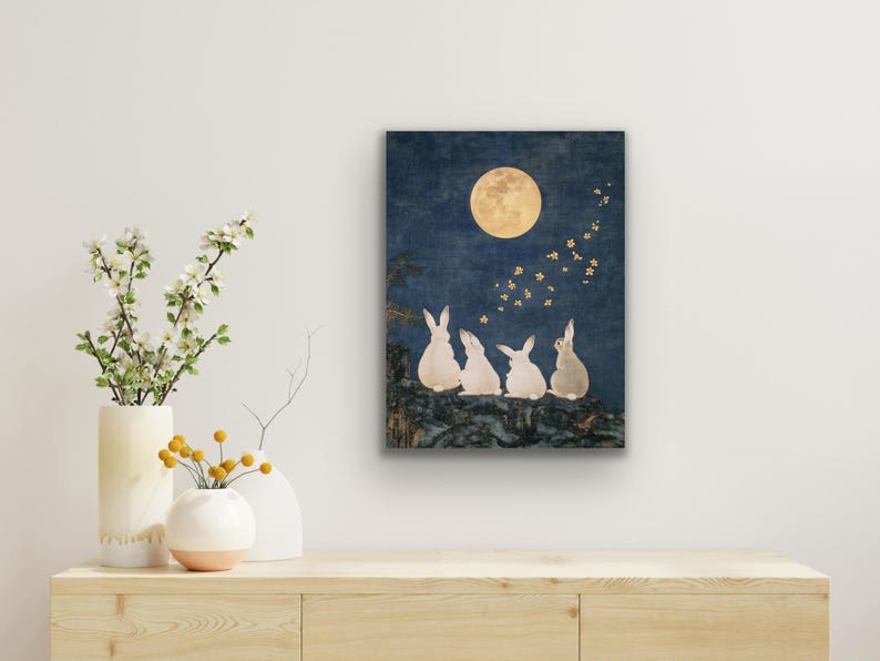 Charming Song Dynasty Gongbi Style Canvas Print of Small Rabbits Under ...