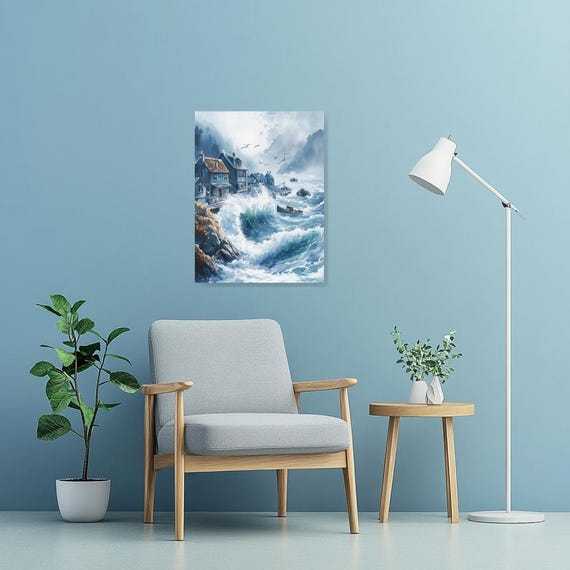 Canvas Print of Serene Coastal Waves in Watercolor Style Inspired