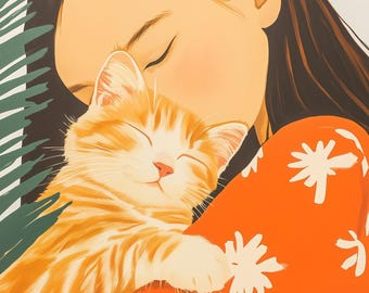 Personalisierte Leinwand: Mädchen und orange Katze