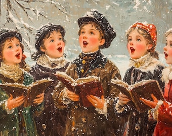 Charmig canvastavla med vintermotiv av sjungande barn i snö inspirerad av viktoriansk konst för mysig heminredning