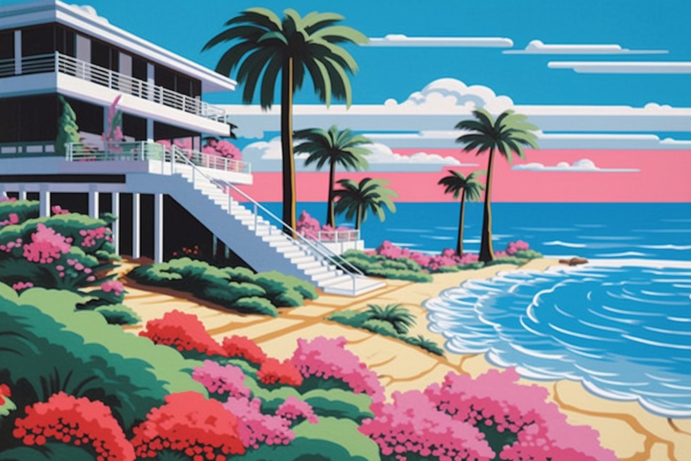 Hiroshi Nagai Inspired 'the Beach House' Canvas Print in Skyblue and