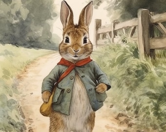 Beatrix Potter Inspired Illustration: Little Bunny&#39;s Journey | Nursery Wall Art | Classic Story Watercolor | Baby’s Room Painting