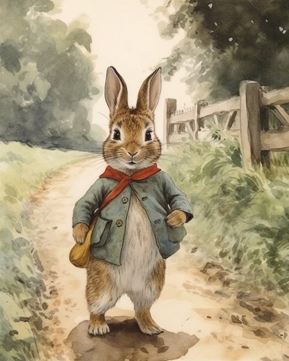 Beatrix Potter Inspired Illustration Little Bunny s Journey Nursery Wall Art Classic Story Watercolor Babys Room Painting Etsy