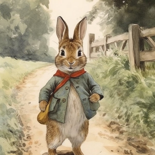 Beatrix Potter Inspired Illustration: Little Bunny's Journey | Nursery Wall Art | Classic Story Watercolor | Baby’s Room Painting