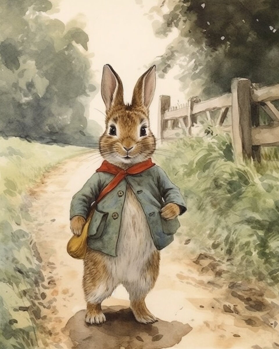 Beatrix Potter inspirierte Illustration: Little Bunny's Reise | Kinderzimmer Wandkunst | Classic Story Aquarell | Kinderzimmer Gemälde