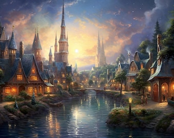 Glowing Painter of Light Village on River with Fantasy Castle | Thomas Kinkade Inspired Artwork | Digital Download Home Decor